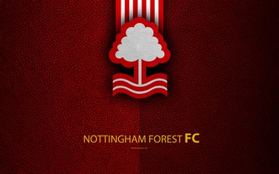 Nottingham Forest FC, 4K, English Football Club, logo, Football League Championship, leather texture, Nottingham, UK, EFL, football, Second English Division