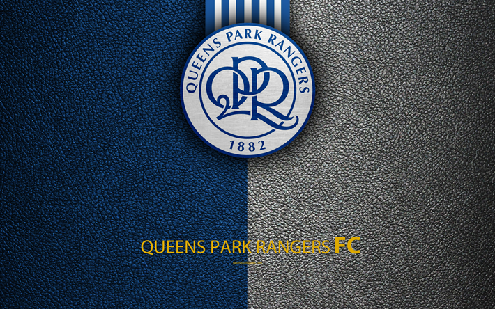 Queens Park Rangers FC, 4K, English football club, logo, Football League Championship, leather texture, Hammersmith, Fulham, London UK, EFL, football, Second English Division
