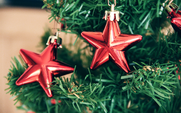 christmas decorations, stars, 4k, Happy New Year, Merry Christmas, xmas, christmas, New Year