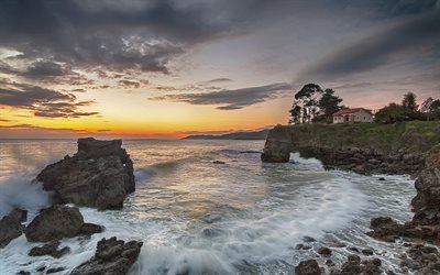 sunset, merimaisema, ocean, ranta, rannikolla, Asturias, Espanja