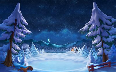 winter fairytale landscape, snow, forest, night, starry sky, hut, winter