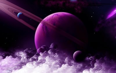 サターン, 紫の星, 4k, 太陽光システム, 銀河, 惑星, 宇宙