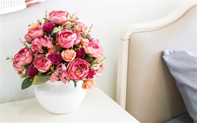 pink peonies, beautiful bouquet, vase, bouquet of peonies