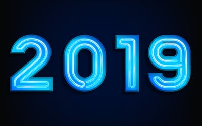 2019 Year, 4k, blue neon letters, art, blue background, New 2019, light effects, 2019 concepts
