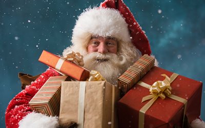 Santa Claus, gifts, New Year, Christmas, Santa with gifts, gift boxes