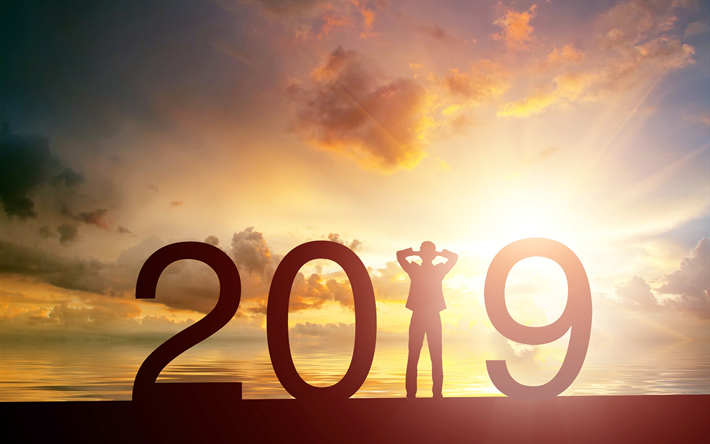 謹んで新年の2019年, 夕日, 人のシルエット2019概念, 創造, 2019年