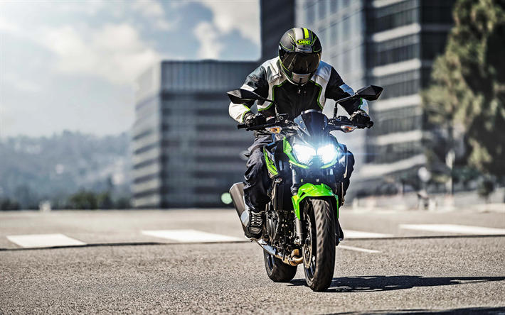Kawasaki Z400, 4k, street, 2019 bikes, rider on motorcycle, headlights, new Z400, Kawasaki