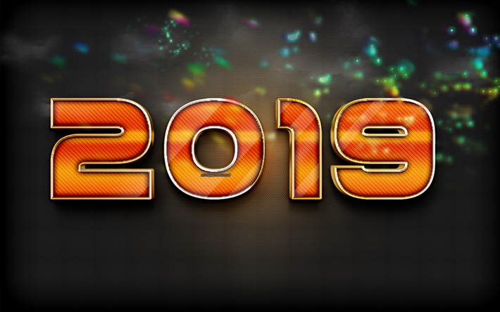 2019 Yılı, turuncu 3d şekiller, sanat, Yeni Yıl 2019, 3d sanat, 2019 kavramlar