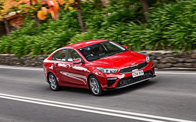 Kia Cerato, 2019, red sedan, new red Cerato, front view, exterior, korean cars, Kia