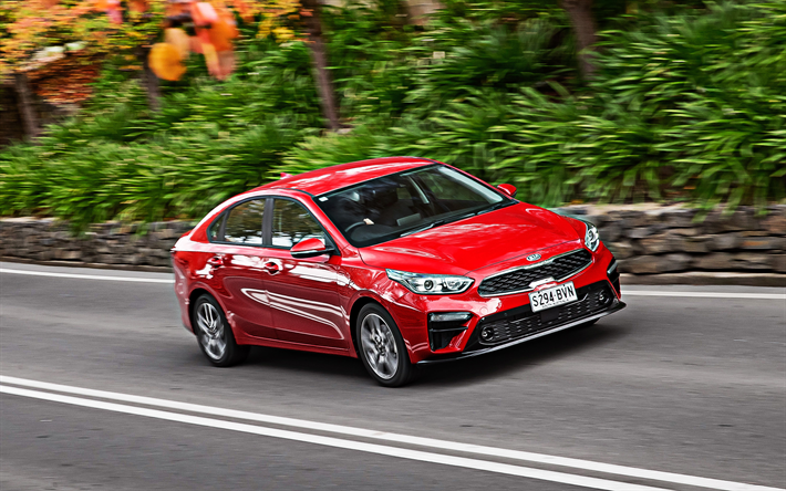 Kia Cerato, 2019, limousine vermelho, vermelho novo Cerato, vista frontal, exterior, carros coreanos, Kia