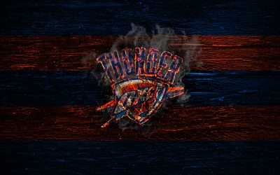 Oklahoma City Thunder, fire logo, NBA, blue and orange lines, american basketball club, grunge, basketball, logo, OKC Thunder, Western Conference, wooden texture, USA