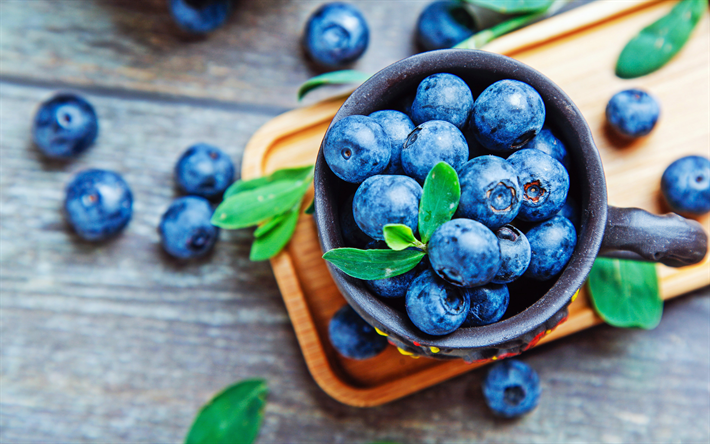 4k, blueberry, bokeh, close-up, blueberries, fresh fruits, berries, basket of berries, fruits