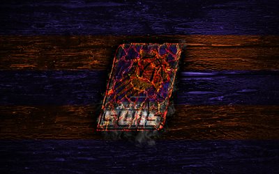 Phoenix Suns, fire logo, NBA, violet and orange lines, american basketball club, grunge, basketball, logo, Western Conference, wooden texture, USA