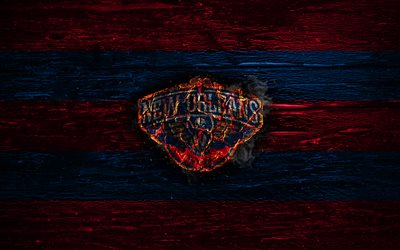 New Orleans Pelicans, fire logo, NBA, red and blue lines, american basketball club, grunge, basketball, logo, Western Conference, wooden texture, USA