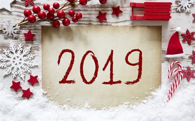 New Year 2019, inscription on paper, winter, decoration, 2019 year, snow, red decorations, 2019 concepts, congratulations, postcard, Happy New Year