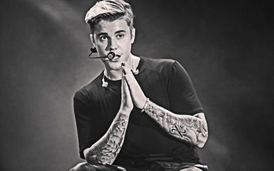 Justin Bieber, Canadian singer, young star, photoshoot, monochrome, concert
