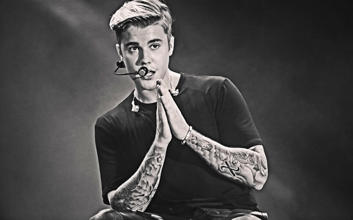 Justin Bieber, il cantante Canadese, giovane stella, photoshoot, monocromatico, concerto