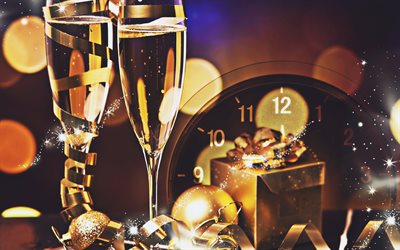 Christmas decoration, champagne, clock, New Year Party, Happy New Year, glare, Christmas