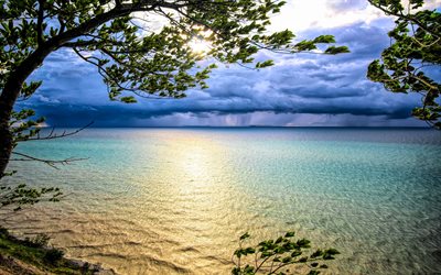 Lake Michigan, beautiful lake, evening, sunset, USA, thunderstorm, clouds