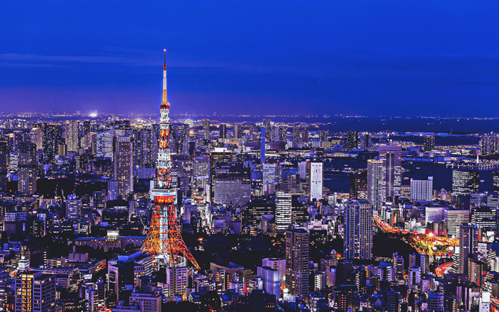 4k, Tokyo Tower, HDR, cityscapes, TV tower, nightscapes, Nippon Television City, Tokyo, Japan, Asia
