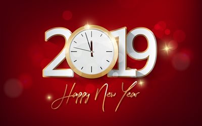 New 2019 Year, red background, clock, golden inscription, golden metal numbers, 2019 concepts, Happy New Year
