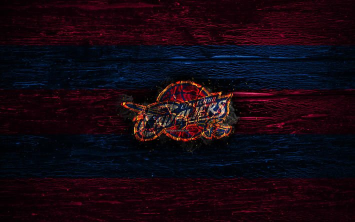 Cleveland Cavaliers, fire logo, NBA, purple and blue lines, american basketball club, grunge, CAVS, basketball, logo, Eastern Conference, wooden texture, USA