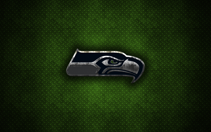 Seattle Seahawks, American football club, metal logo, Seattle, Washington, USA, creative art, NFL, emblem, green metal background, american football, National Football League, National Football Conference