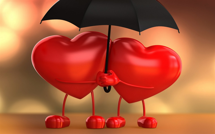 two hearts, 3D art, love concept, black umbrella, 3D hearts