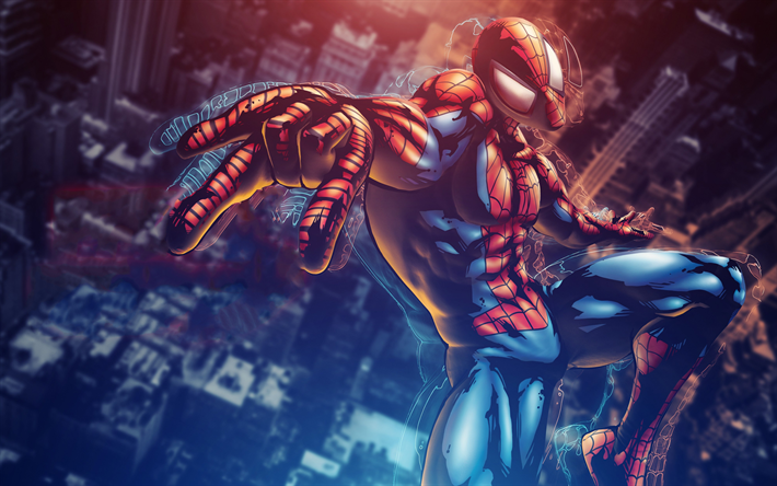 4k, Homem-aranha, Arte 3D, super-her&#243;is, voando homem-aranha, Marvel Mangaverse, Homem-Aranha, DC Comics