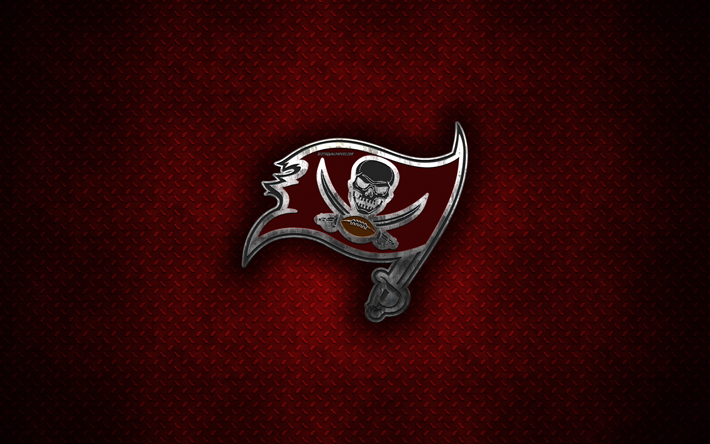 Tampa Bay Buccaneers, American football club, metalli-logo, Tampa, Florida, USA, creative art, NFL, tunnus, punainen metalli tausta, amerikkalainen jalkapallo, National Football League, National Football Conference