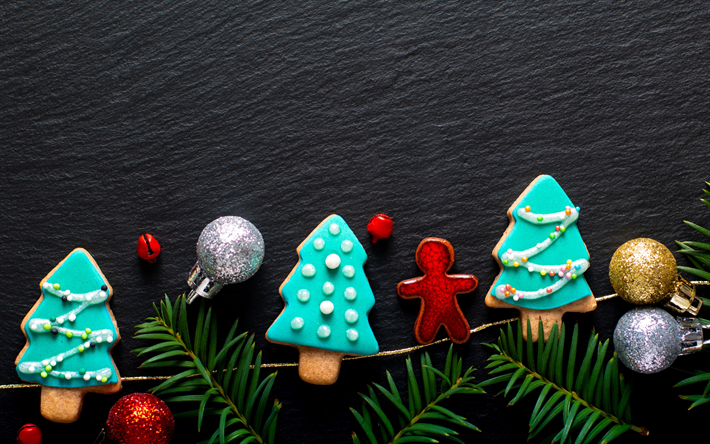 Noel kurabiyeleri, Noel ağacı kurabiye, Yeni Yıl, gri arka plan, dekorasyon