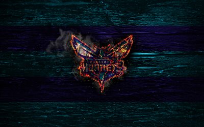 Charlotte Hornets, fire logo, NBA, blue and violet lines, american basketball club, grunge, basketball, logo, Eastern Conference, wooden texture, USA