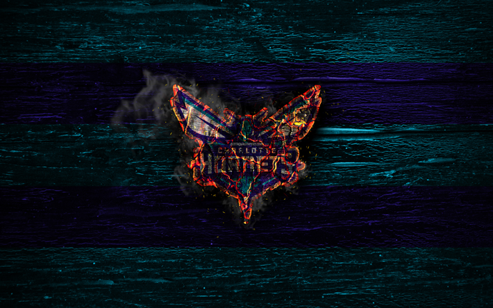 Charlotte Hornets, el fuego logotipo de la NBA, azul y violeta lines, american club de baloncesto, el grunge, el baloncesto, el logotipo, de la Conferencia este, de madera de textura, estados UNIDOS