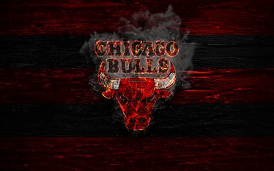 Chicago Bulls, fire logo, NBA, red and black lines, american basketball club, grunge, basketball, logo, Eastern Conference, wooden texture, USA