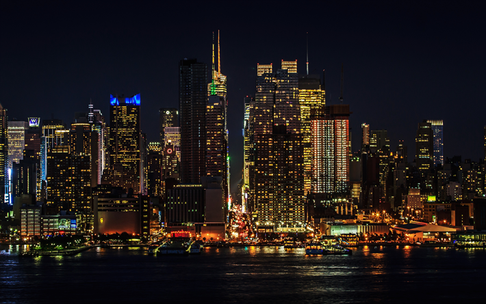 Manhattan, 4k, Nueva York, paisajes nocturnos, paisajes urbanos, edificios modernos, NY, estados UNIDOS, Am&#233;rica