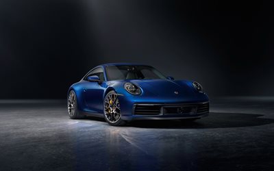 Porsche 911 Carrera 4S, 2019, blue sports coupe, tuning, front view, german cars, new blue 911, Porsche