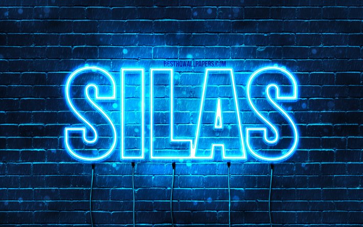 Silas, 4k, taustakuvia nimet, vaakasuuntainen teksti, Silas nimi, blue neon valot, kuvan nimi Silas