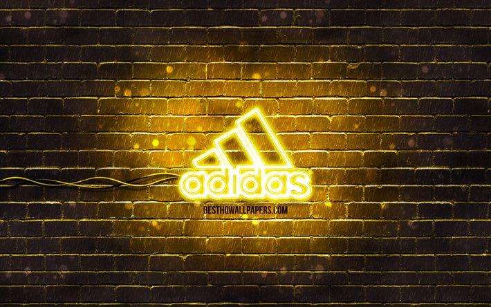 Adidas yellow logo, 4k, yellow brickwall, Adidas logo, brands, Adidas neon logo, Adidas