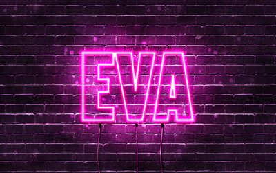 Eva, 4k, fondos de pantalla con los nombres, los nombres femeninos, Eva nombre, p&#250;rpura luces de ne&#243;n, el texto horizontal, imagen con el nombre de Eva