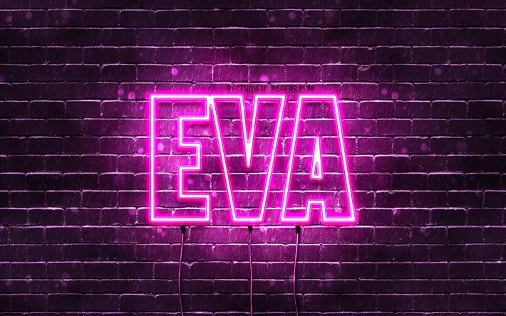 Eva, 4k, taustakuvia nimet, naisten nimi&#228;, Eva nimi, violetti neon valot, vaakasuuntainen teksti, kuva Eva nimi