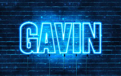 Gavin, 4k, isim Gavin adı ile, yatay metin, Gavin adı, mavi neon ışıkları, resimli duvar kağıtları