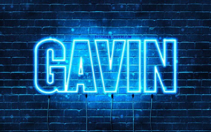 Gavin, 4k, taustakuvia nimet, vaakasuuntainen teksti, Gavin nimi, blue neon valot, kuva Gavin nimi