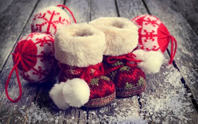 red winter baby shoes, Christmas, Happy New Year, Christmas decoration, knitted boots