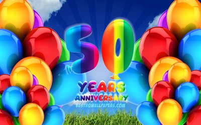4k, 50 Years Anniversary, cloudy sky background, colorful ballons, artwork, 50th anniversary sign, Anniversary concept, 50th anniversary
