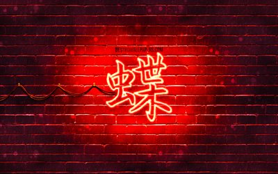 Butterfly Kanji hieroglyph, 4k, neon japanese hieroglyphs, Kanji, Japanese Symbol for Butterfly, red brickwall, Butterfly Japanese character, red neon symbols, Butterfly Japanese Symbol