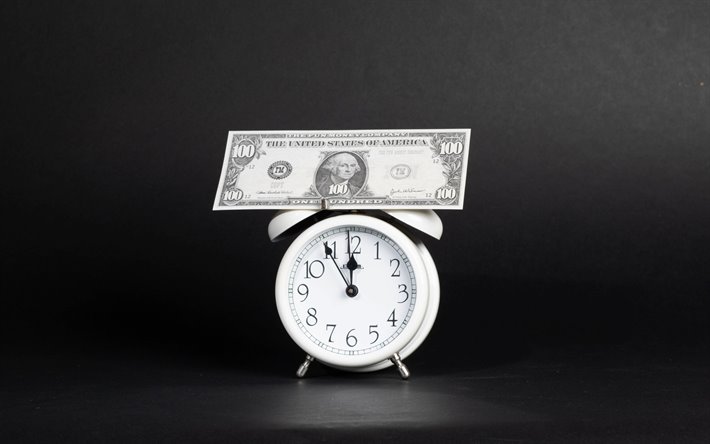 blanco reloj de alarma, el tiempo es dinero, d&#243;lares en el reloj, finanzas, conceptos, conceptos de dinero