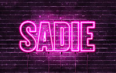 Sadie, 4k, wallpapers with names, female names, Sadie name, purple neon lights, horizontal text, picture with Sadie name