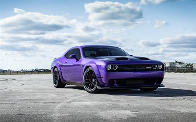 Dodge Challenger, 2020, purple sports coupe, Challenger SRT HellCat, exterior, black wheels, tuning Challenger, american sports cars, Dodge