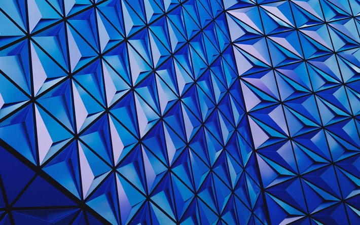 3D sininen tekstuuri, geometrinen sininen tekstuuri, 3D-kolmiot, 3D-rakennuksen julkisivu, sininen tausta