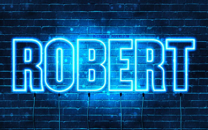 Robert, 4k, fondos de pantalla con los nombres, el texto horizontal, Robert nombre, luces azules de ne&#243;n, foto con Robert nombre
